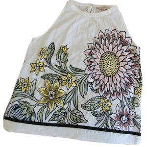 Loft Sleeveless Bold Floral Daisy and Sunflower White Tunic Blouse
